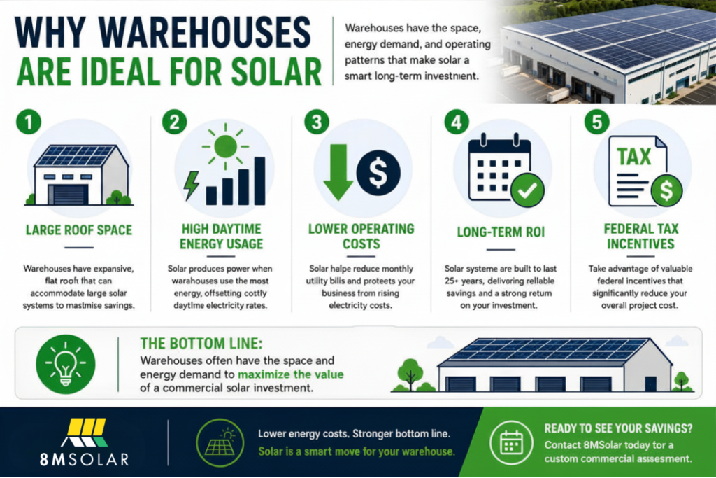 Infographic explaining why warehouses are ideal candidates for commercial solar in North Carolina, highlighting large roof space, high daytime energy usage, lower operating costs, long-term return on investment, and available federal tax incentives for warehouse owners.