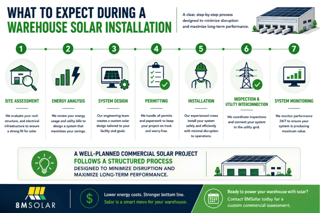 Infographic outlining the commercial warehouse solar installation process, including site assessment, energy analysis, system design, permitting, installation, utility inspection and interconnection, and ongoing system monitoring for long-term performance.