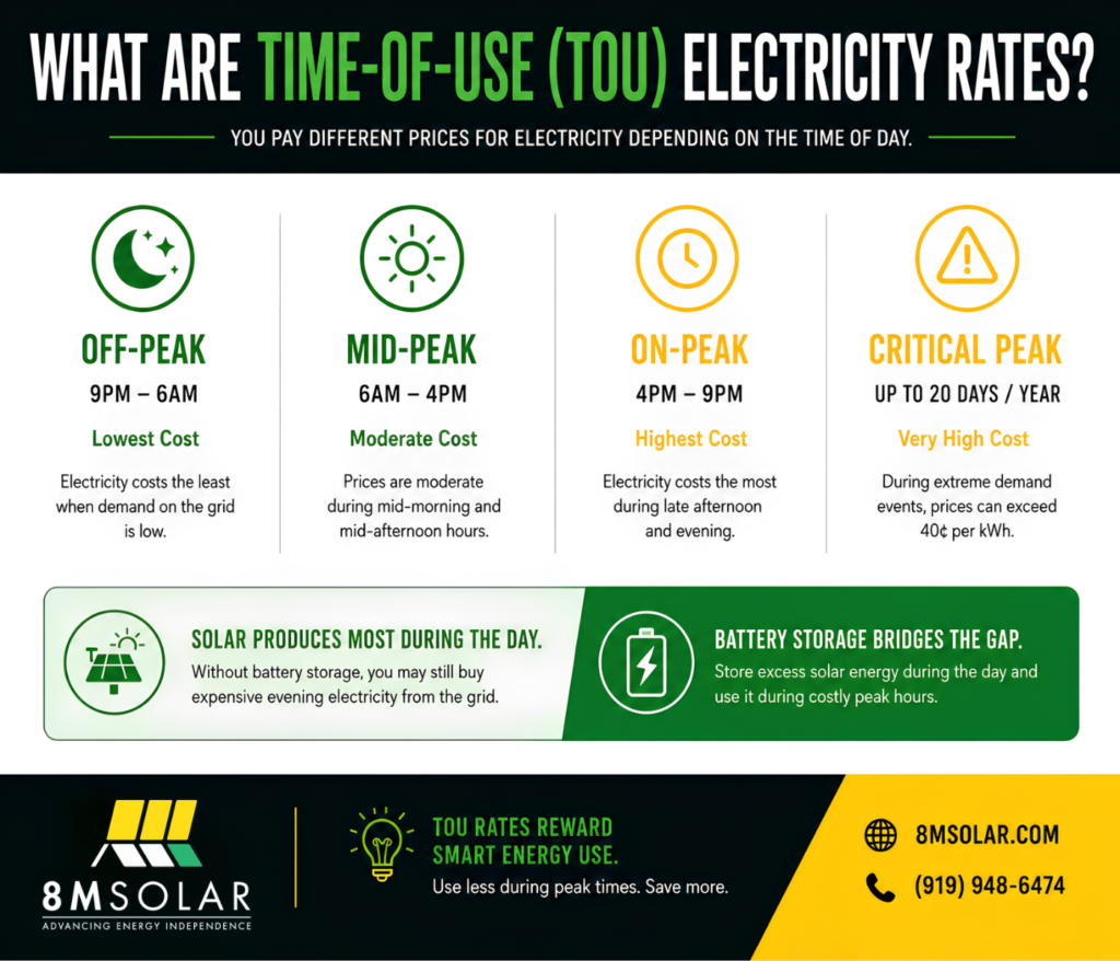 Time-of-use electricity rates infographic showing peak and off-peak pricing periods and how solar energy and battery storage maximize savings.