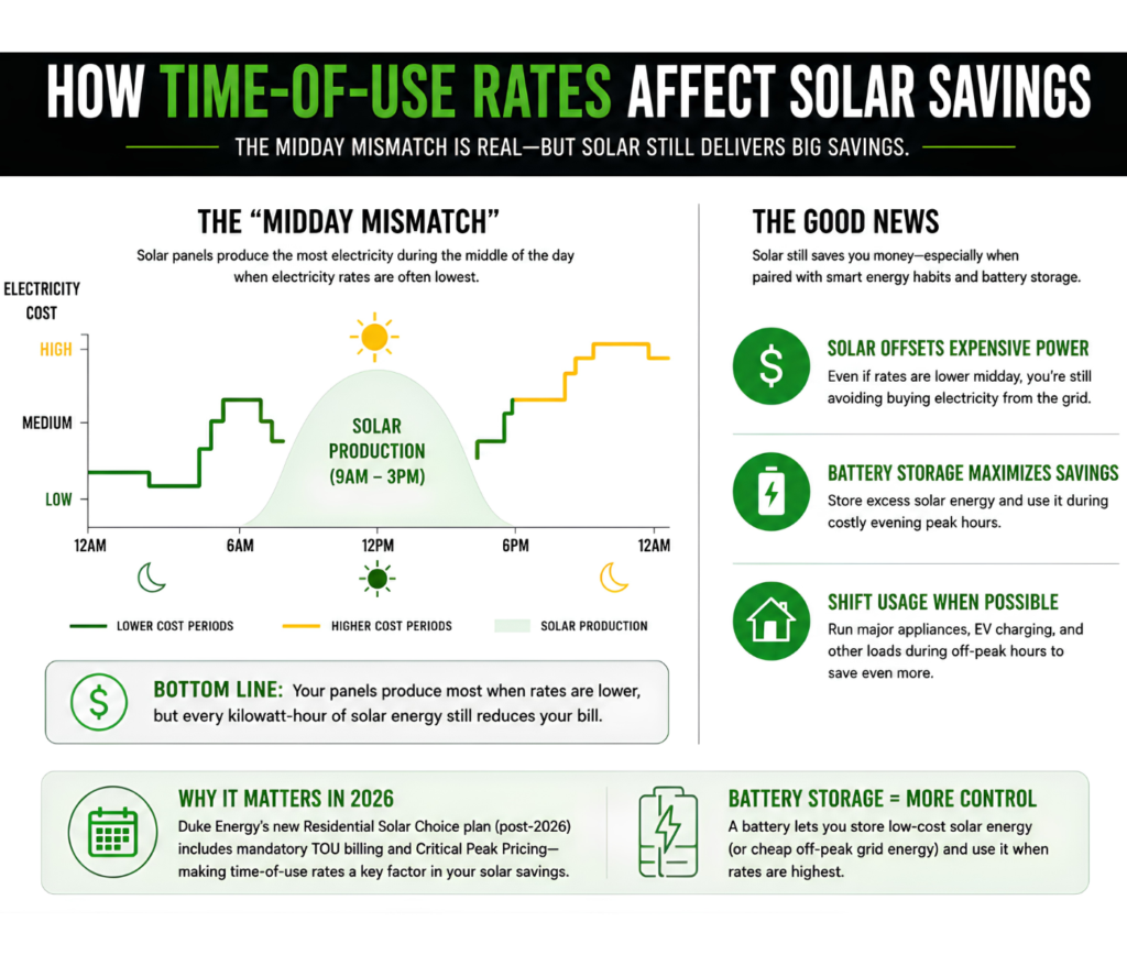 Showing how time-of-use (TOU) electricity rates affect solar savings, illustrating when solar panels produce the most energy, how battery storage reduces peak electricity costs, and ways homeowners can maximize energy savings.